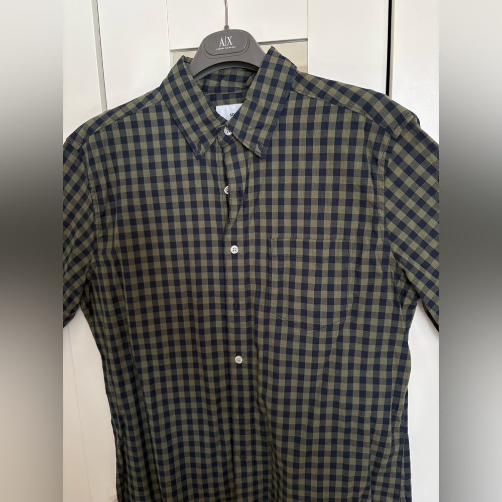 Men's Sonoma Green and Navy Checkered Button-Up Shirt- Medium